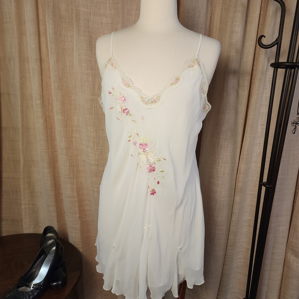 Y2K Linea Donatella XL White Floral Embroidered Lace Slip Dress Fairy Coquette